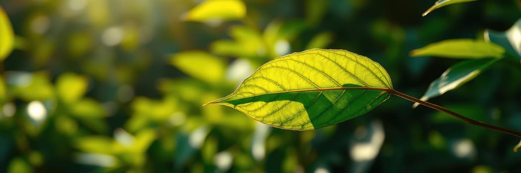 Sunlight gently illuminates lush green leaves, showcasing intricate patterns and textures, creating a tranquil atmosphere in nature during a bright afternoon.