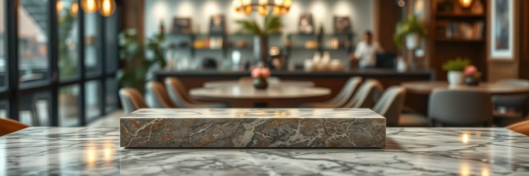 The marble table serves as a centerpiece in a stylish cafe, where patrons enjoy their time. Soft lighting and greenery enhance the inviting atmosphere.