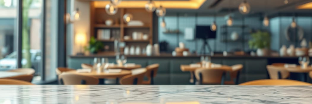A modern cafe features polished marble tables and elegant wood furniture. The open space invites patrons to enjoy meals and conversations in a bright, airy environment.