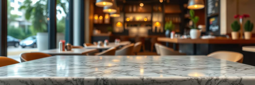 A marble table in a stylish cafe with modern decor. Warm lighting illuminates the space, filled with comfortable seating and plants, perfect for conversation or enjoying a drink.