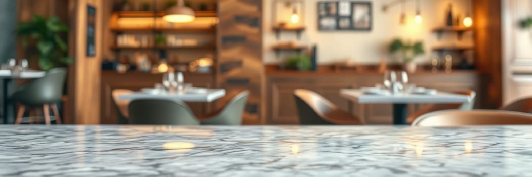 Modern restaurant features stylish decor with wooden accents. Tables are elegantly set for dining, creating a warm and welcoming vibe. Soft lighting enhances the ambiance.