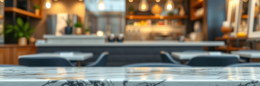 A contemporary restaurant interior features a sleek marble countertop, subtle lighting, and comfortable seating, creating an inviting dining experience during the evening hours.