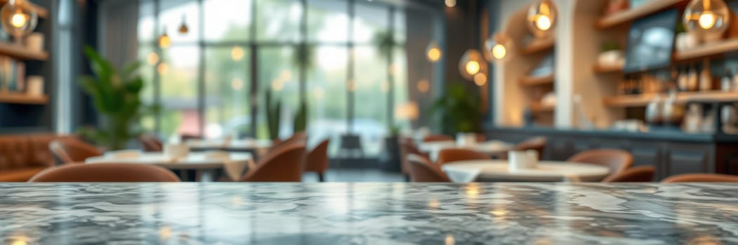 A calm cafe interior showcases stylish furnishings and warm lights, with tables set for patrons. Natural light floods in, creating a welcoming environment for relaxation or work.