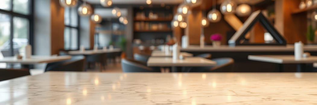 A chic dining space features marble tables, elegant seating, and ambient lighting fixtures. Soft colors and textures create a welcoming atmosphere for patrons at mealtime.