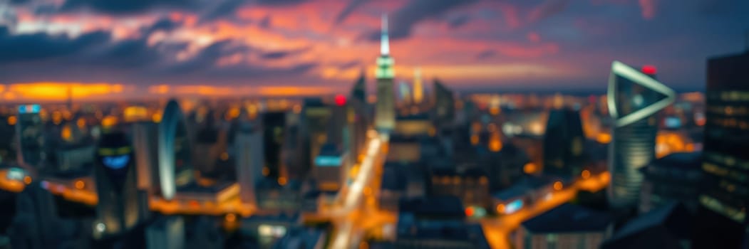 A breathtaking view of a city skyline during dusk, showcasing illuminated skyscrapers against a colorful sunset. The vibrant lights reflect the lively atmosphere of urban life.