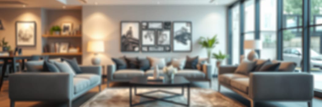 A stylish living room features comfortable furniture and artistic decor, illuminated by large windows allowing natural light in an urban environment.