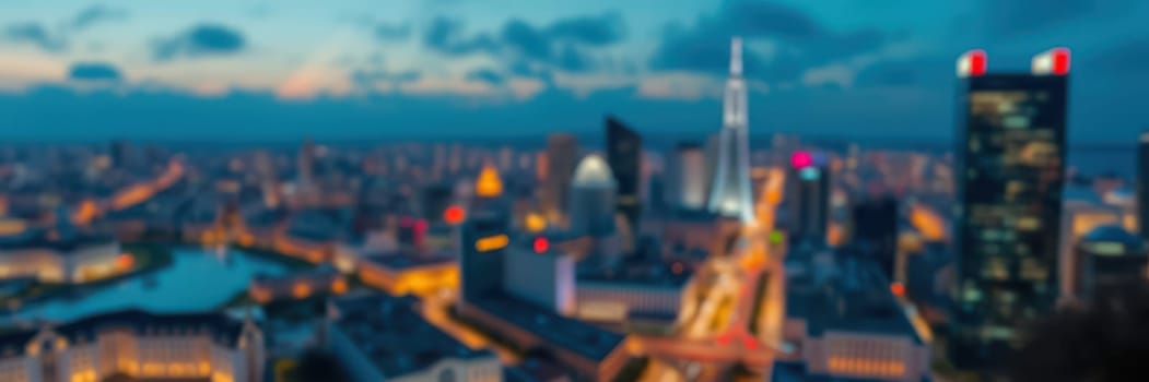 A breathtaking view of a city skyline during dusk presents buildings illuminated by twinkling lights. The river reflects the vibrant colors as the day transitions into night.