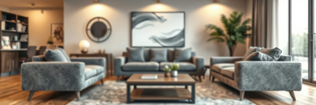 A modern living room features plush gray sofas, a decorative coffee table, and artwork on the wall. Natural light streams through large windows, adding warmth to the stylish decor.