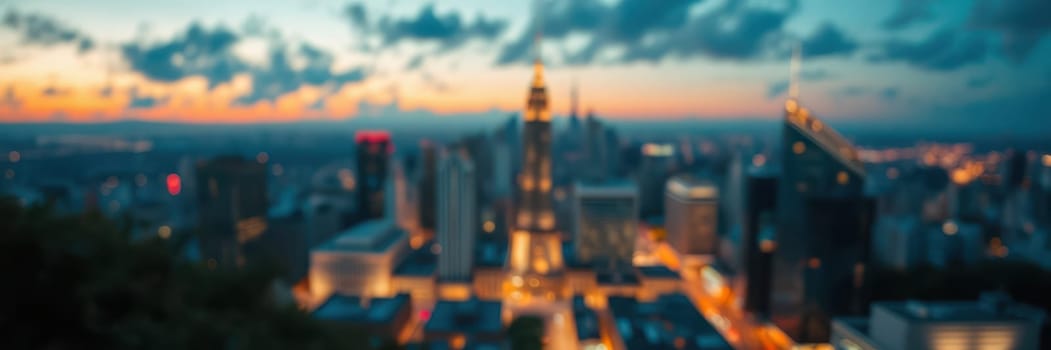 A vibrant city skyline is illuminated as the sun sets, casting warm hues across the cloud-filled sky. The urban landscape showcases tall buildings and glowing lights.