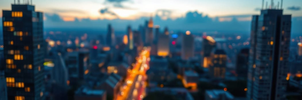 A bustling city skyline comes alive at dusk, showcasing glowing lights reflecting on the streets below. The urban landscape features tall buildings, creating a vibrant nighttime atmosphere.