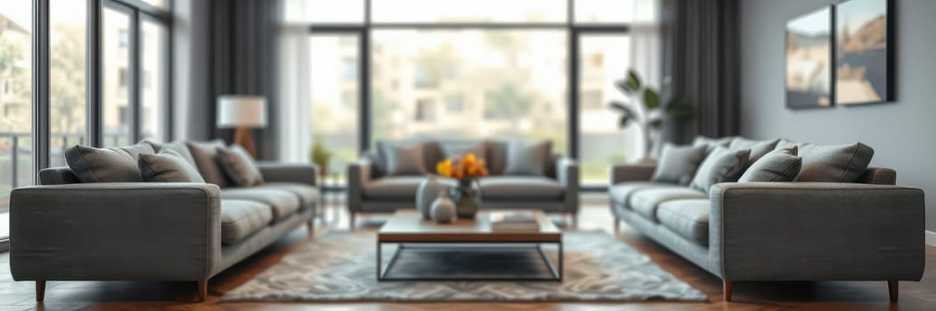 A stylish living room features two grey sofas, a wooden coffee table, and a vibrant flower arrangement, illuminated by natural light from large windows.