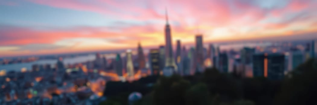A stunning view of the New York City skyline during sunset, with skyscrapers illuminated by city lights and colorful clouds filling the sky, creating a vibrant atmosphere.