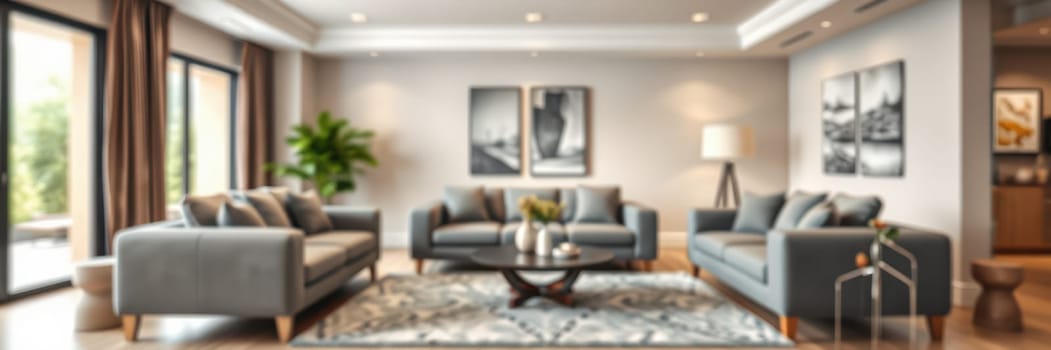 This stylish living room showcases grey sofas, a round coffee table, and modern artwork on the walls. Natural light enhances the inviting atmosphere created by plants and soft furnishings.