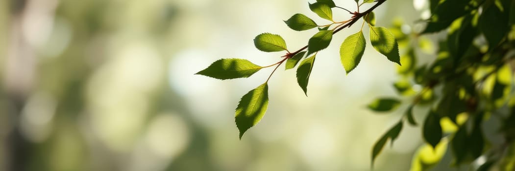 Sunlight filters through bright green leaves, showcasing their vibrant colors in a peaceful outdoor environment. The calm morning atmosphere enhances the beauty of nature.