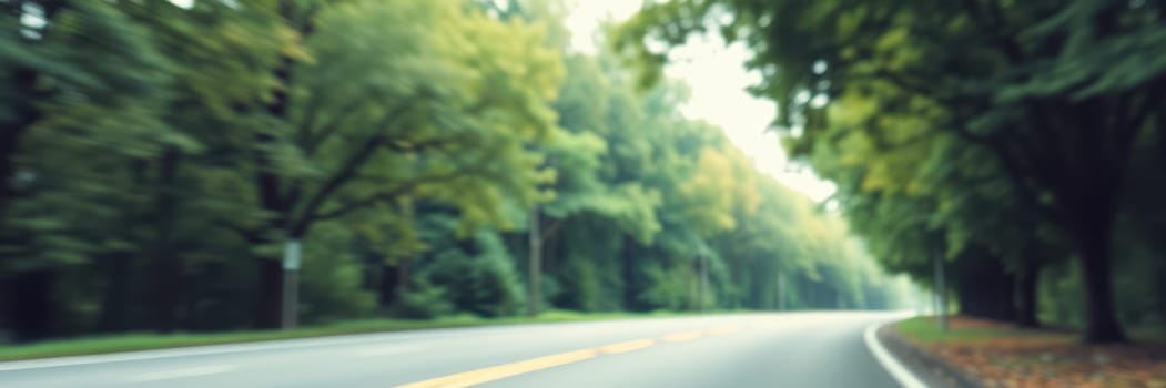 A picturesque road curves through a dense forest with vibrant green foliage. The sunlight filters through the leaves, creating a serene atmosphere perfect for a drive.
