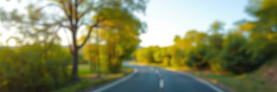 A curving road leads through a vibrant green landscape filled with trees under a bright sky. The scene captures the tranquil beauty of nature at dusk.
