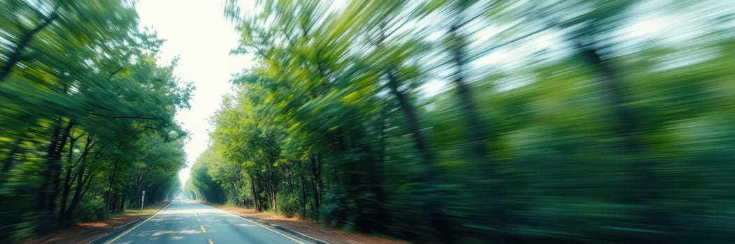 A car travels swiftly down a tree-lined road, surrounded by lush greenery under soft morning light, evoking a sense of freedom and adventure.