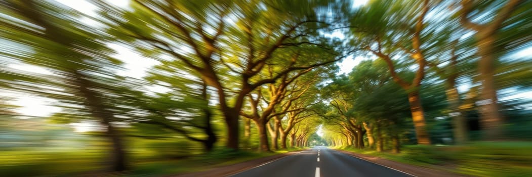 A long road stretches ahead, surrounded by towering trees, as warm sunlight filters through the leaves. This tranquil setting captures the beauty of nature during twilight hours.