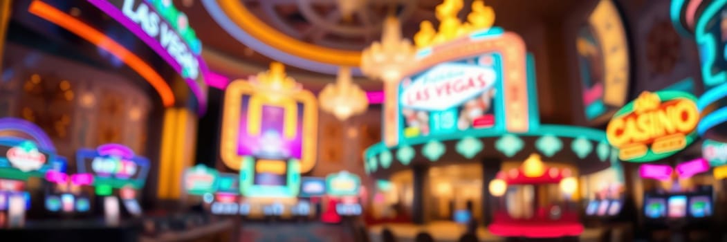 A bustling Las Vegas casino is filled with colorful neon lights and illuminated signage. Gamblers engage with slot machines and tables, enjoying the lively nightlife.