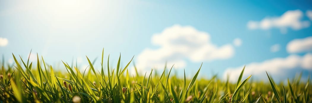 Lush green grass spreads across the ground, basking in the warm sunlight. Fluffy clouds drift above in a bright blue sky, creating a serene outdoor atmosphere.