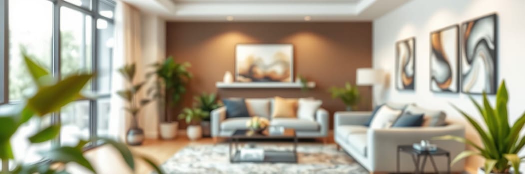 A stylish living room featuring a light color palette with plants, artwork, and comfortable furniture. Large windows allow natural light to fill the space, creating a cozy atmosphere.