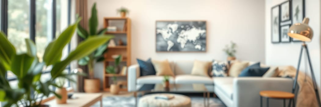 A light-filled living room features a modern sectional sofa adorned with cushions. Shelves filled with plants and a world map art piece create a welcoming atmosphere.