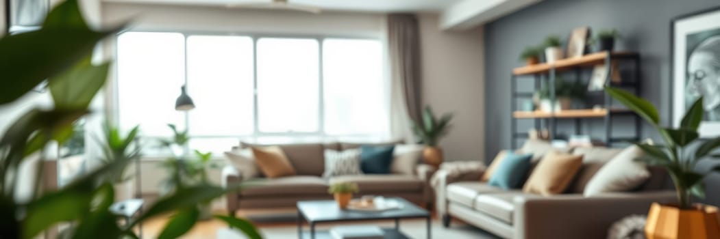 A stylish living room features comfortable seating with decorative pillows, houseplants, and large windows bathing the space in natural light.