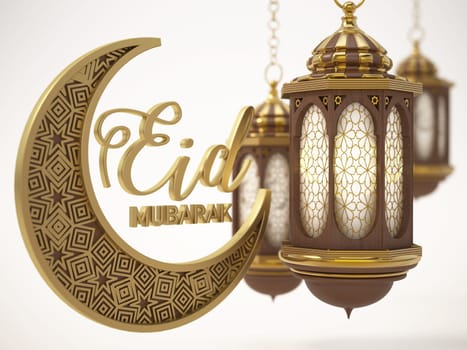 Eid Mubarak text, moon and lantern isolated on white background. 3D illustration.