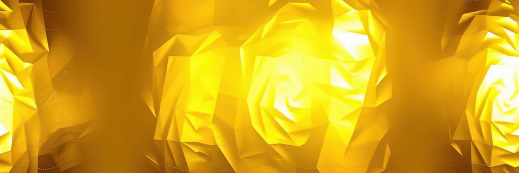 Bright, golden geometric shapes are illuminated, casting a warm glow. The intricate designs reflect light, creating an abstract and captivating atmosphere.