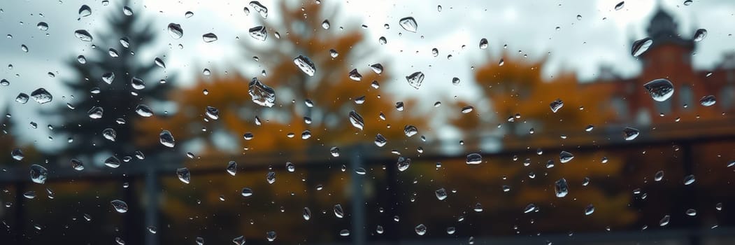 Raindrops cling to a windowpane, creating a blurred view of colorful autumn trees in shades of orange and yellow under a cloudy sky, reflecting a serene atmosphere.