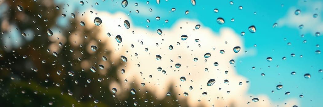 Raindrops cling to a window, creating a blurred view of a bright blue sky with fluffy clouds and green foliage visible in the background during early afternoon.
