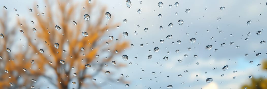 Clear droplets cover a window, reflecting the soft light. In the blurred background, golden autumn leaves are visible on bare branches, creating a serene atmosphere on a cloudy day.