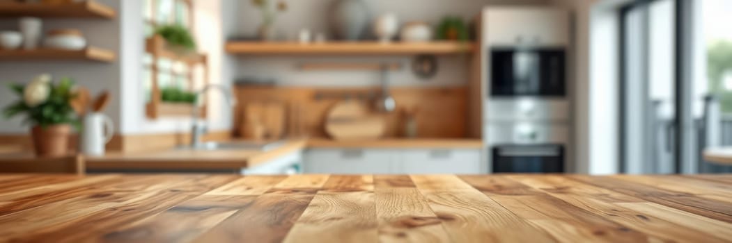 A well-designed kitchen features wooden countertops and open shelves filled with plants. Warm lighting sets a cozy atmosphere, perfect for cooking and gathering.