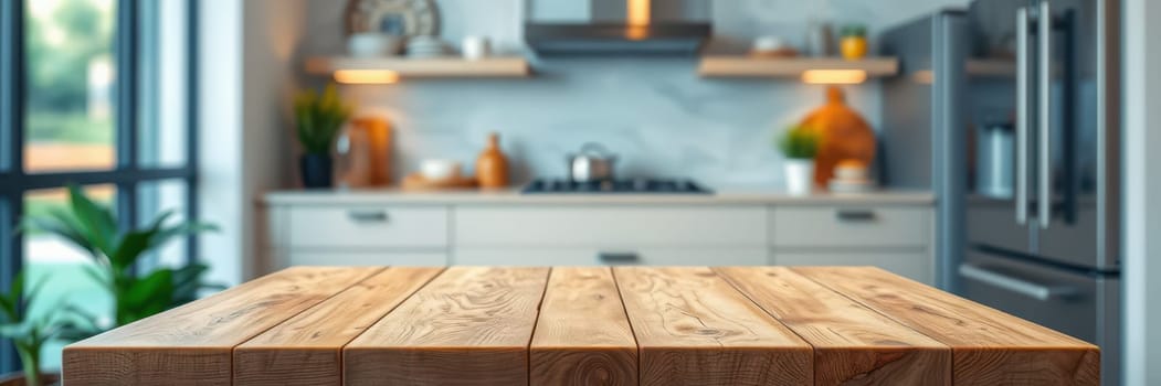 A beautifully designed kitchen showcases a wooden table in the foreground, surrounded by contemporary decor.