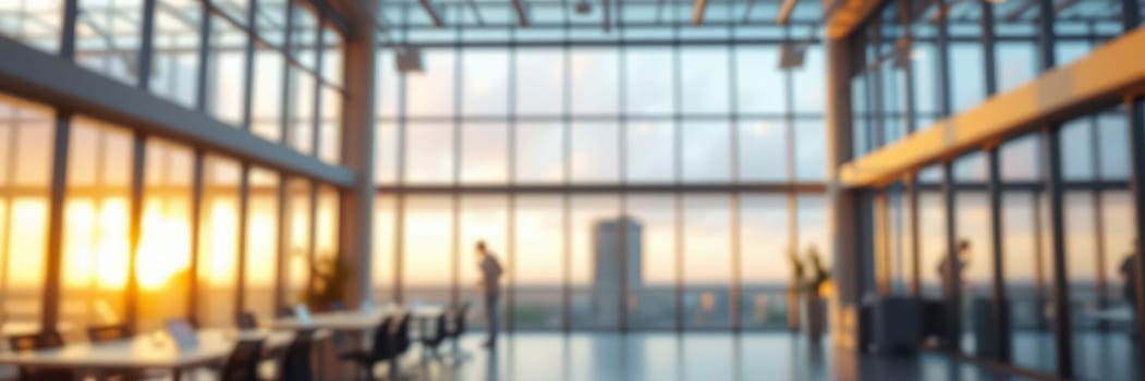 Colleagues engage in teamwork and discussions within a spacious, contemporary office. The glowing sunset illuminates the large glass windows, showcasing a vibrant cityscape.