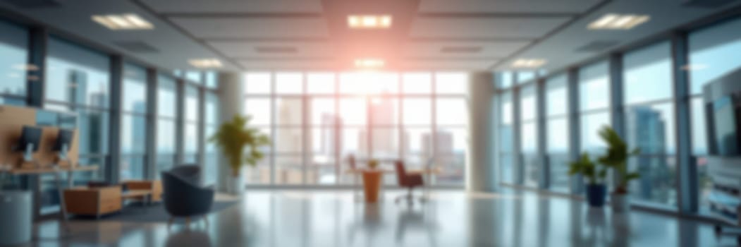 A spacious office features tall windows that allow natural light to fill the interior. The room, furnished with contemporary furniture, offers a view of the urban landscape.