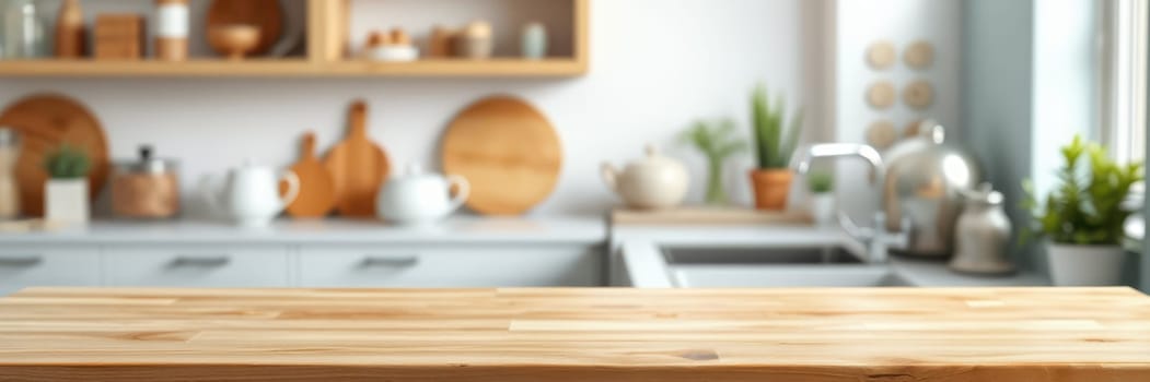 A spacious kitchen features a warm wooden countertop and stylish decor, with plants and kitchenware arranged to create a welcoming atmosphere for cooking and entertaining.