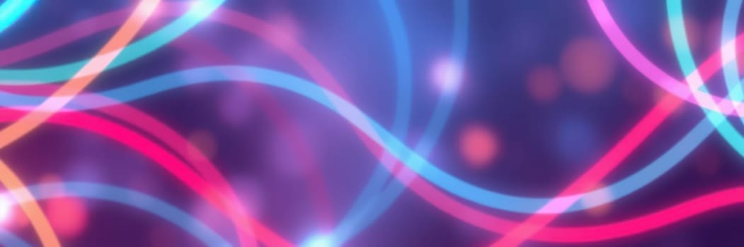 Bright lines in pink, blue, and orange flow across a dark background, creating a dynamic and energetic abstract composition filled with movement.