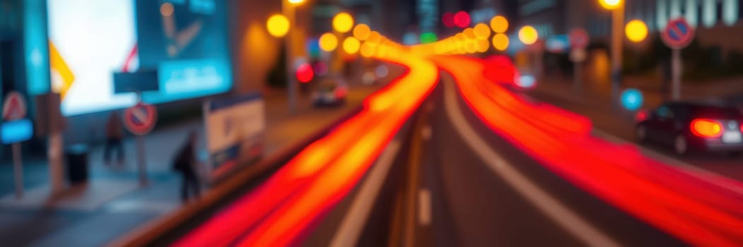 A bustling urban street showcases vehicles creating striking light trails as they navigate the road. Bright city lights illuminate the scene, reflecting a lively nightlife atmosphere.