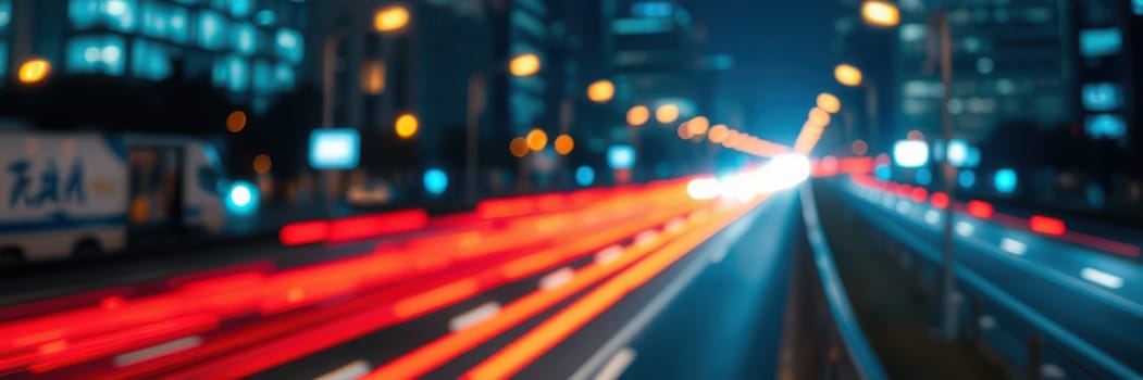Bright lights from fast-moving vehicles streak across a busy urban road at night, surrounded by tall buildings that reflect the city's vibrant energy and life.