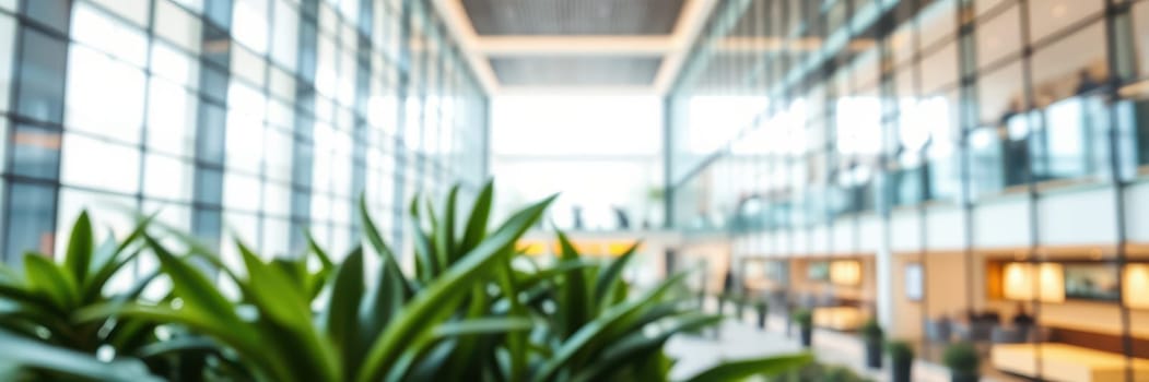 An indoor area filled with natural light showcases sleek glass walls. Lush green plants add a touch of nature, enhancing the contemporary design atmosphere.