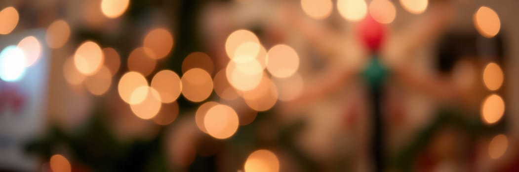 Colorful lights create a warm glow in a cozy setting, enhancing the festive ambiance of a holiday celebration. Guests enjoy each other's company in this joyful atmosphere.