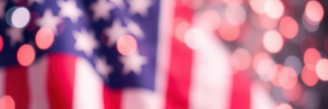 Colorful American flags are prominently displayed with a backdrop of vibrant bokeh lights, creating a festive atmosphere during a national celebration, possibly around the Fourth of July.