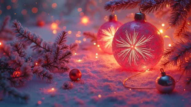 A red and white Christmas ornament sits on a snowy ground. The scene is festive and joyful, with many other ornaments scattered around the area