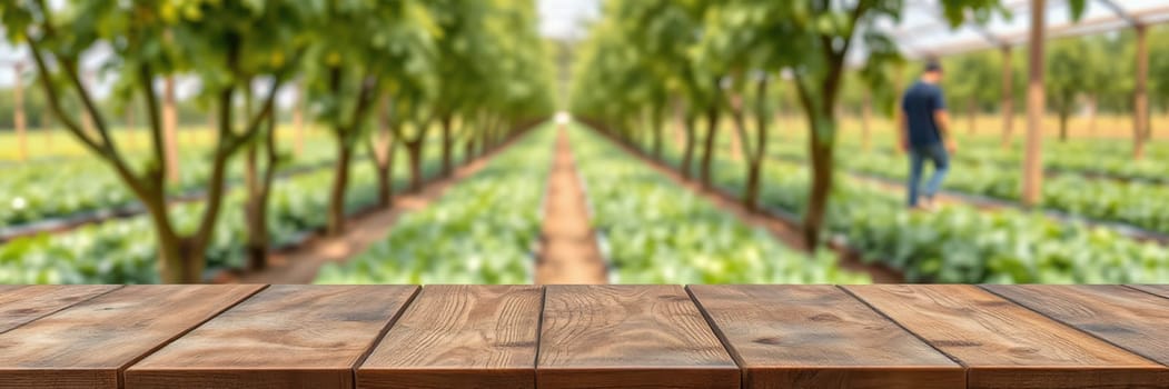 A vibrant farm showcases extensive rows of green crops under bright sunlight. A farmer walks along the path, tending to the plants in the spring season.