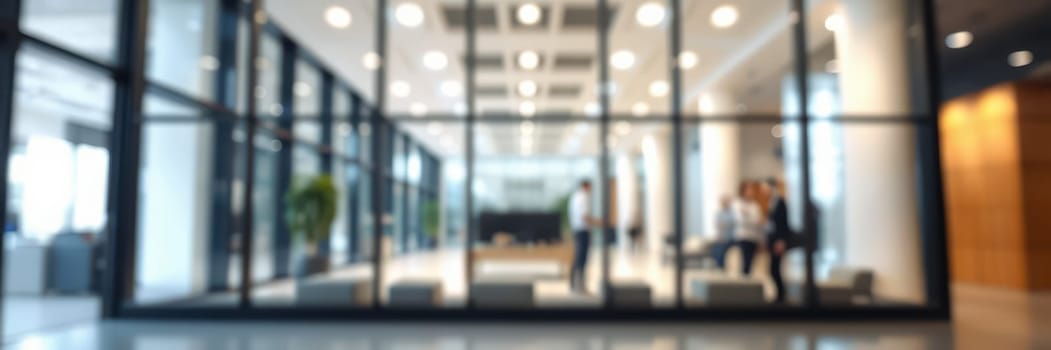 Professionals are engaging in collaborative discussions within a contemporary office setting. The space features large windows and modern furnishings, creating a vibrant atmosphere.