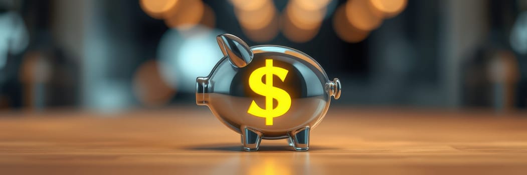 A sleek piggy bank featuring a luminous dollar sign sits on a polished wooden surface, symbolizing financial savings and investment strategies in a modern setting.