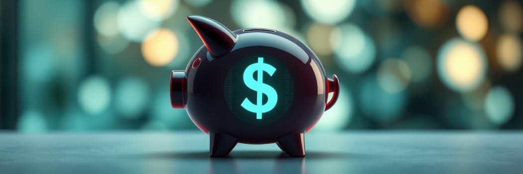 A piggy bank featuring a bright dollar sign sits on a table, illuminated against a softly blurred backdrop of lights, creating a vibrant atmosphere in the evening.