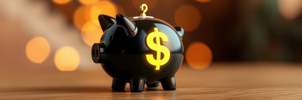 A black piggy bank featuring a glowing dollar sign sits on a rustic wooden table. Soft, warm lights create a festive atmosphere, suggesting holiday savings or financial planning.