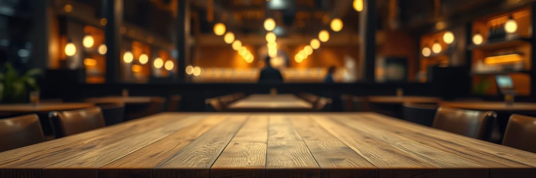 Wooden tables fill a warmly lit restaurant, creating a cozy atmosphere suitable for dining and socializing during the evening hours. The soft light adds to the inviting ambiance.